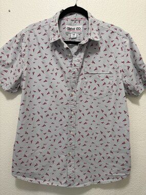 Iron Co gray short sleeve button down men's shirt with red lobster print, MED